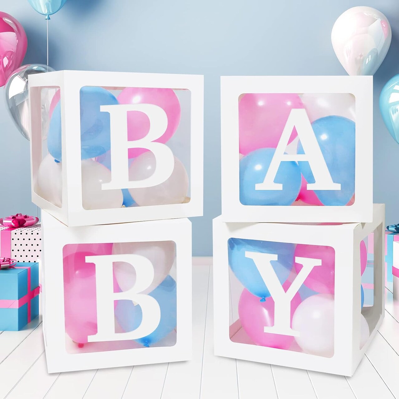 Baby Boxes with 41 Letters and 36 Balloons, 4pcs Clear Balloon Boxes for Baby Shower Gender Reveal Girl Boy Blocks Birthday Party Decorations